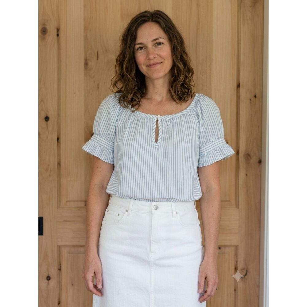 Max Studio London Blue Striped Ruffle Sleeve Boho Top, Small EUC